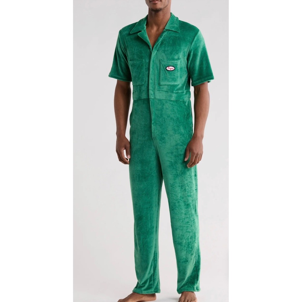 Enzo Mens Emerald Green Velour Short Sleeve Jumpsuit Coverall Romper Zip Front M